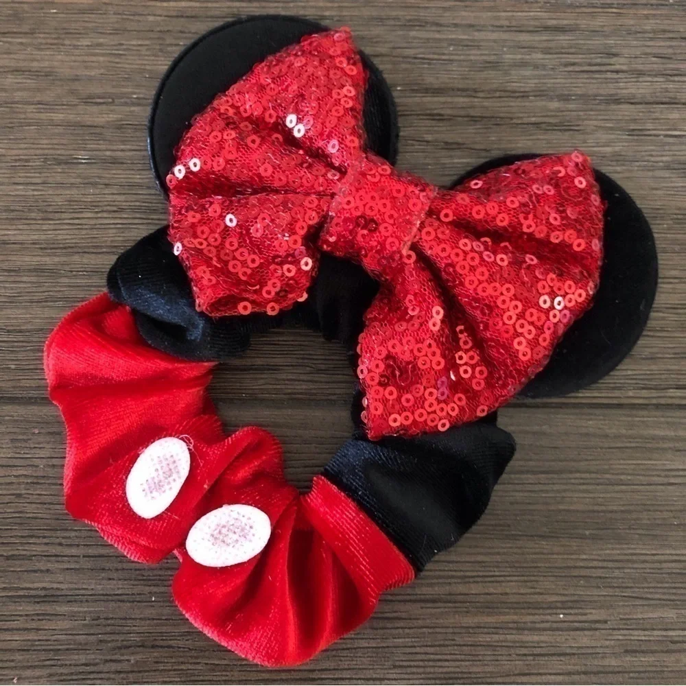 Red and black velvet and sequin Mickey ear hair scrunchie